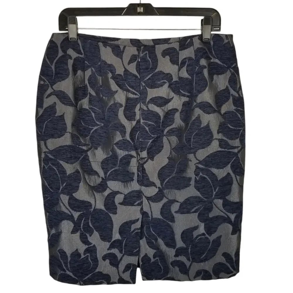 Ann Taylor Navy and Gray Leaf-Print Pencil Skirt